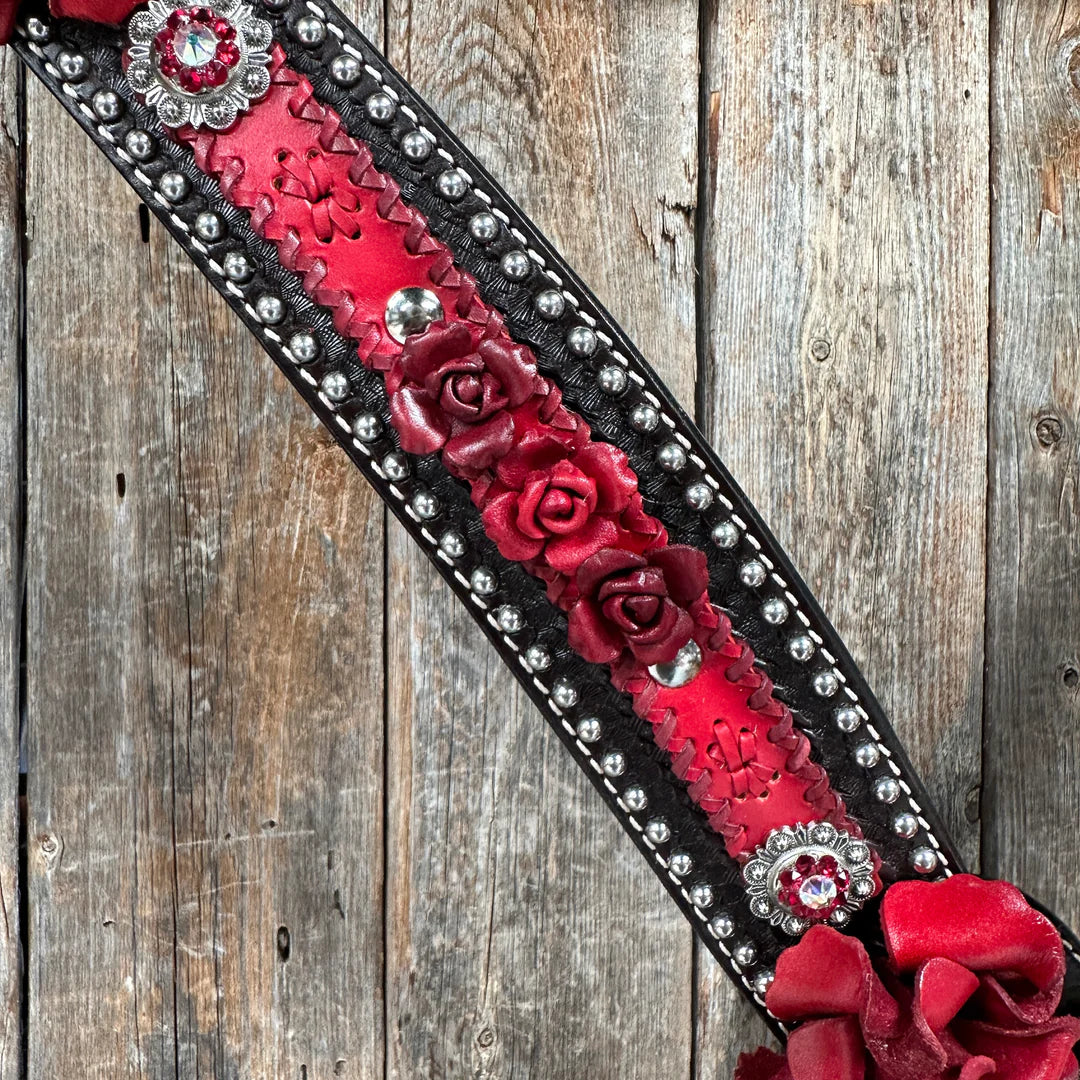 Dark Oil Silver Dot Red Roses Browband/Breastcollar Tack Set