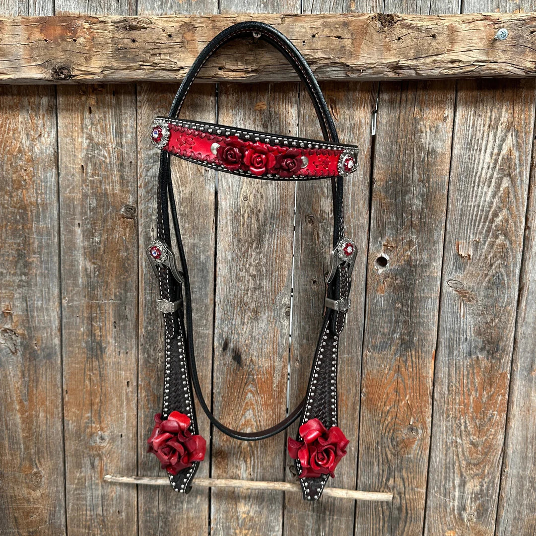 Dark Oil Silver Dot Red Roses Browband/Breastcollar Tack Set