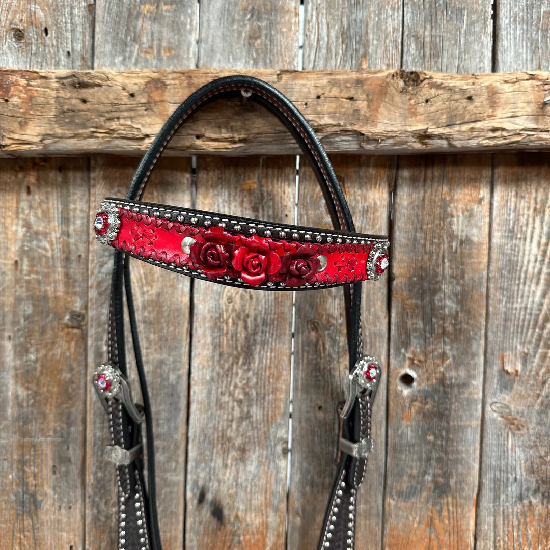 Dark Oil Silver Dot Red Roses Browband/Breastcollar Tack Set