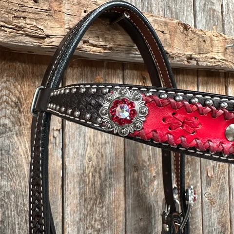 Dark Oil Silver Dot Red Roses Browband/Breastcollar Tack Set