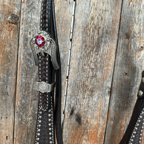 Dark Oil Silver Dot Red Roses Browband/Breastcollar Tack Set