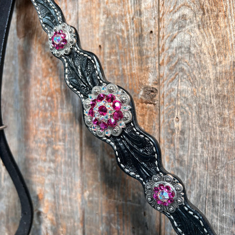 Black Floral Fuchsia Browband / One Ear Tack Set