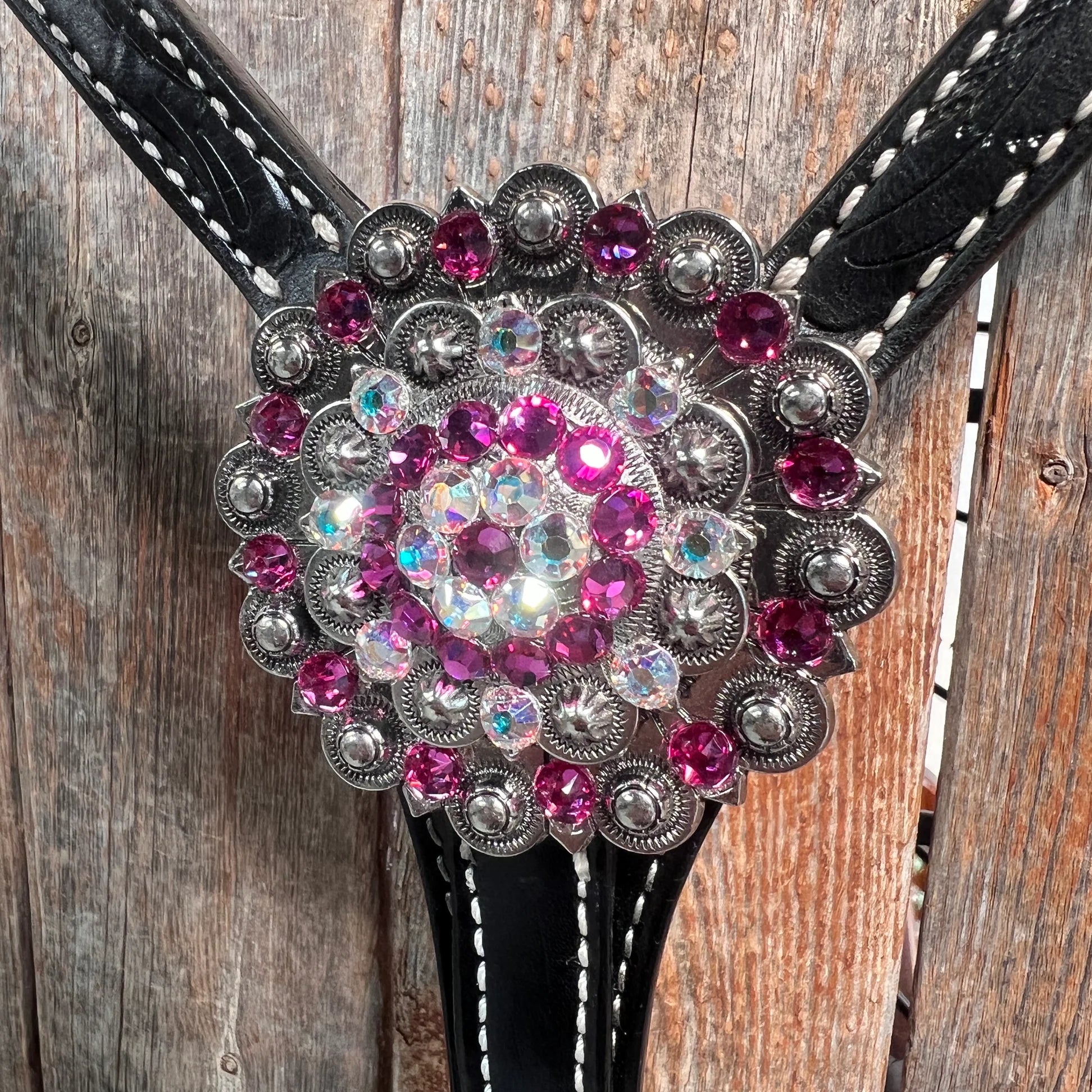 Black Floral Fuchsia Browband / One Ear Tack Set