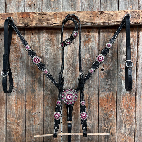 Black Floral Fuchsia Browband / One Ear Tack Set