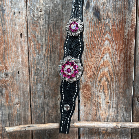 Black Floral Fuchsia Browband / One Ear Tack Set