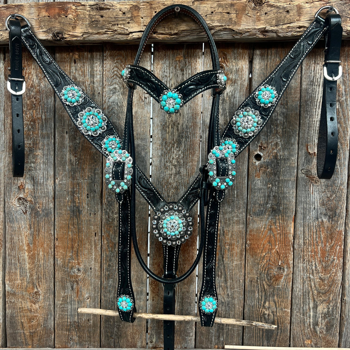 Black Floral Turquoise - Clear Browband / Breastcollar Tack Set