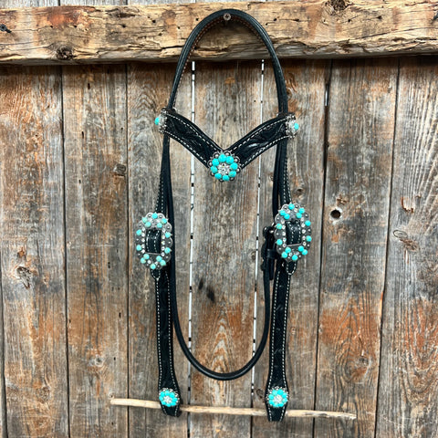 Black Floral Turquoise - Clear Browband / Breastcollar Tack Set