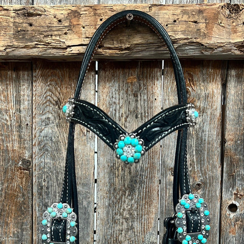 Black Floral Turquoise - Clear Browband / Breastcollar Tack Set