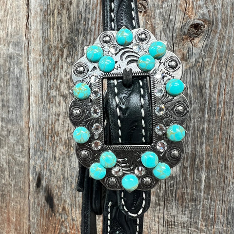 Black Floral Turquoise - Clear Browband / Breastcollar Tack Set