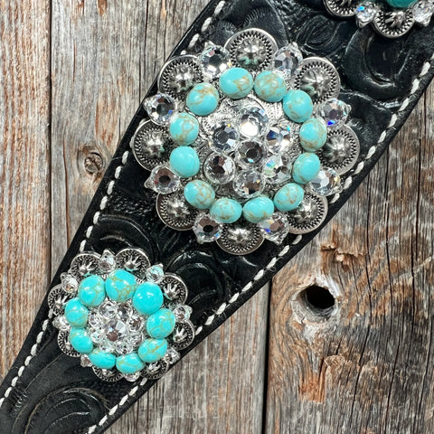 Black Floral Turquoise - Clear Browband / Breastcollar Tack Set