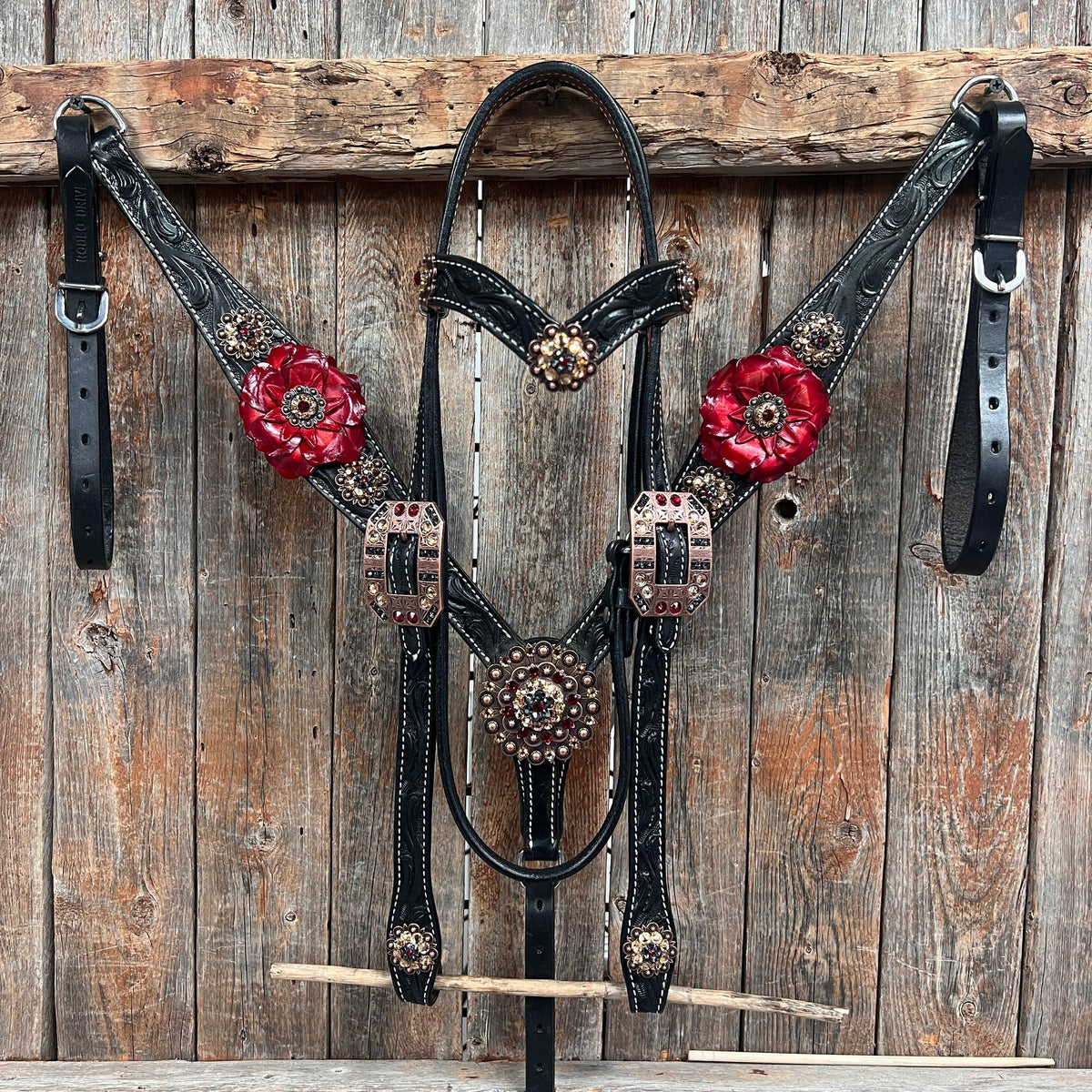 Black Floral Ruby - Champagne Browband / Breastcollar Tack Set