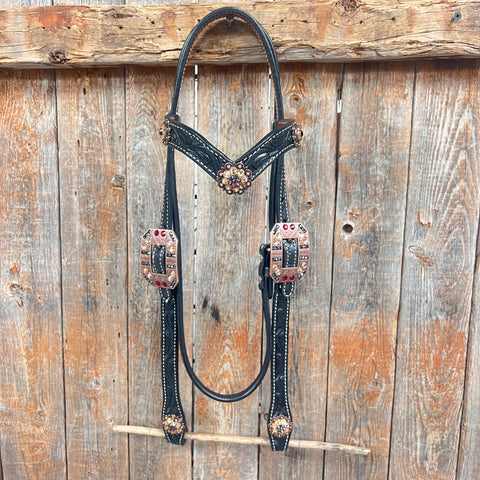 Black Floral Ruby - Champagne Browband / Breastcollar Tack Set