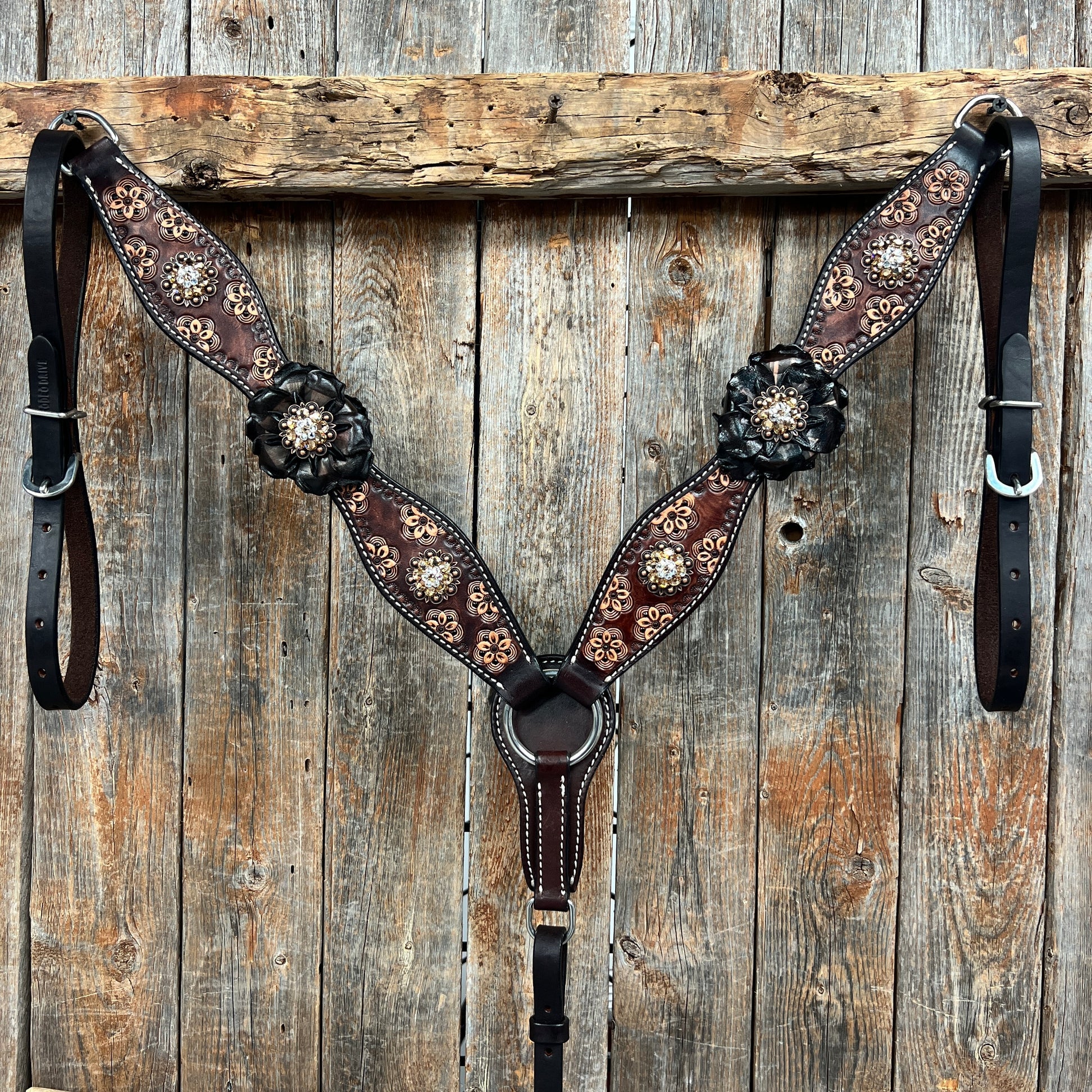 Flower Power Black - Champagne Browband/One Ear Headstall & Breastcollar Tack Set