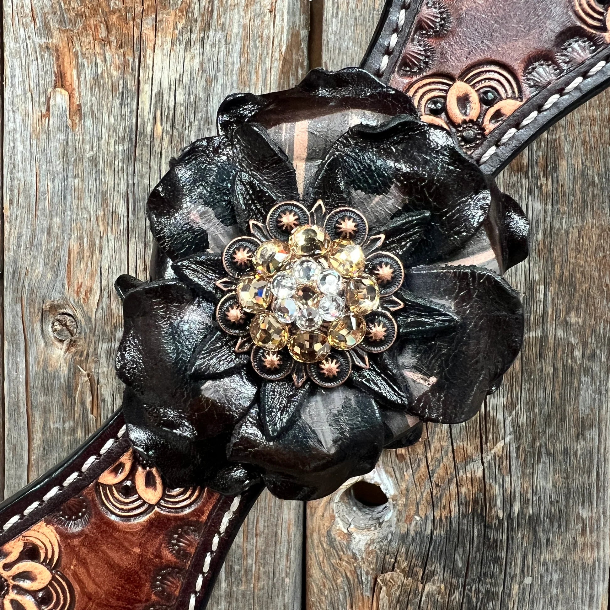 Flower Power Black - Champagne Browband/One Ear Headstall & Breastcollar Tack Set