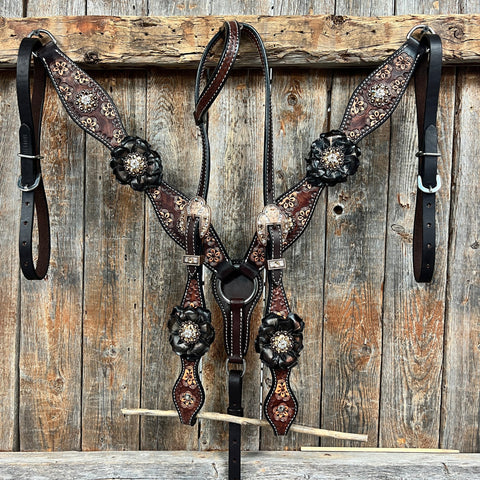 Flower Power Black - Champagne Browband/One Ear Headstall & Breastcollar Tack Set