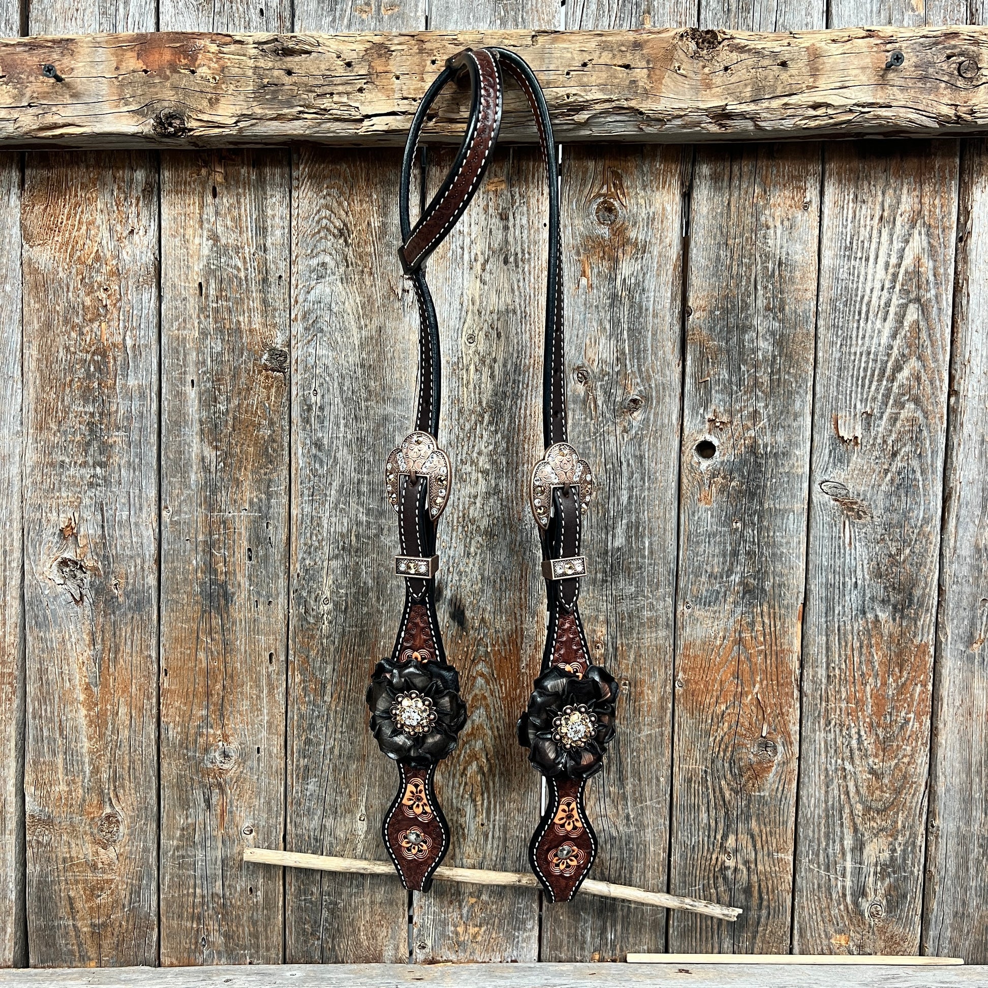 Flower Power Black - Champagne Browband/One Ear Headstall & Breastcollar Tack Set