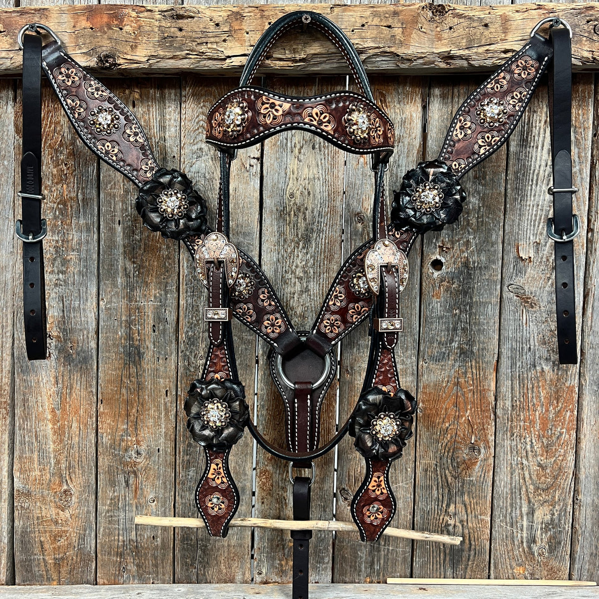 Flower Power Black - Champagne Browband/One Ear Headstall & Breastcollar Tack Set