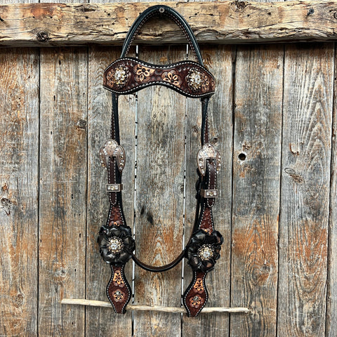 Flower Power Black - Champagne Browband/One Ear Headstall & Breastcollar Tack Set