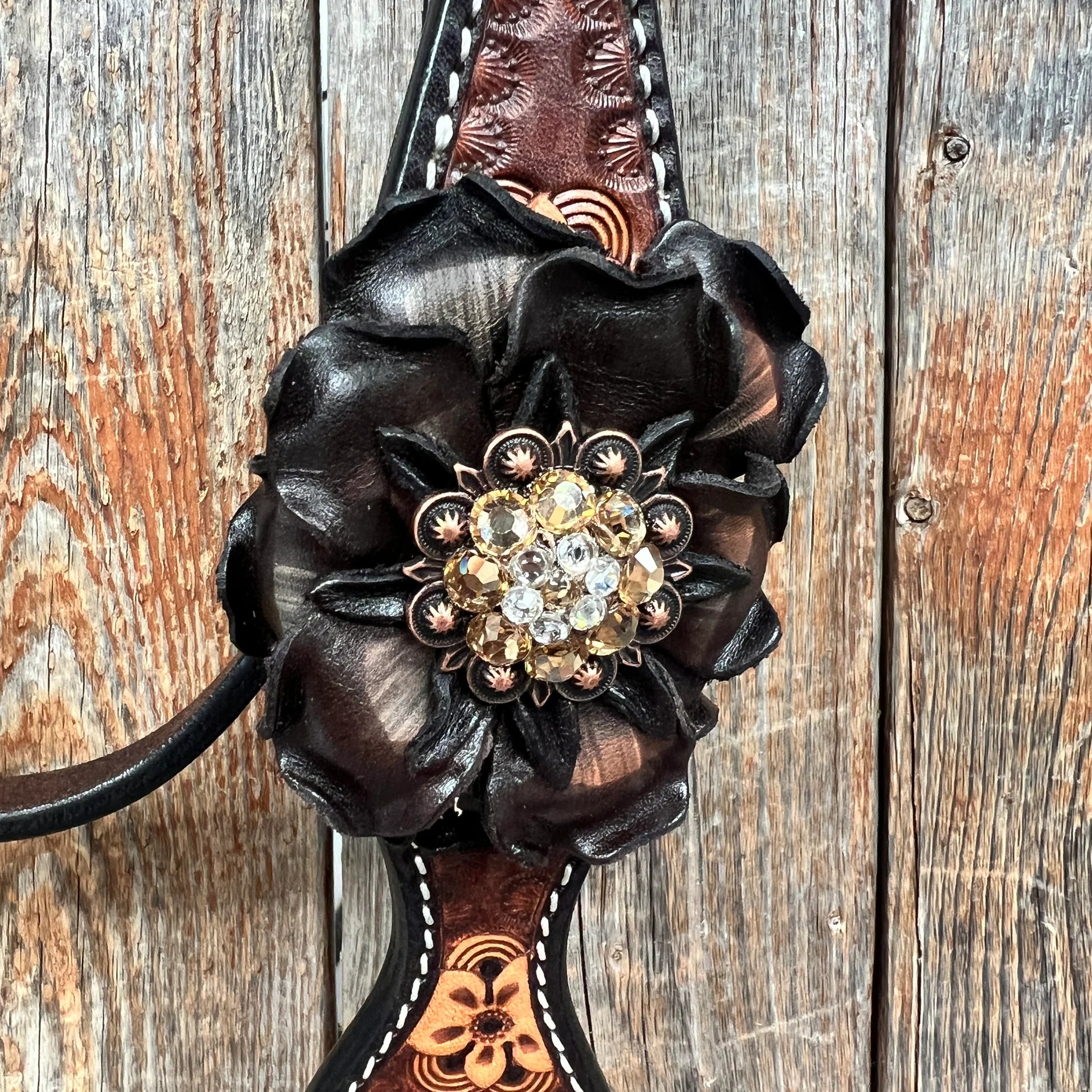 Flower Power Black - Champagne Browband/One Ear Headstall & Breastcollar Tack Set