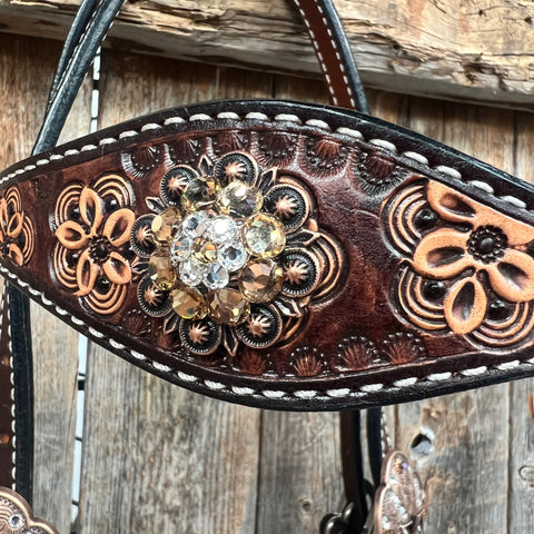 Flower Power Black - Champagne Browband/One Ear Headstall & Breastcollar Tack Set