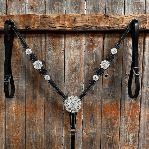 Black Floral Bright Clear Browband / One Ear Tack Set