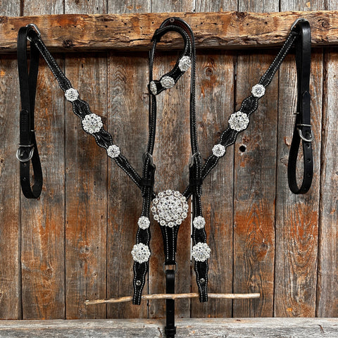 Black Floral Bright Clear Browband / One Ear Tack Set