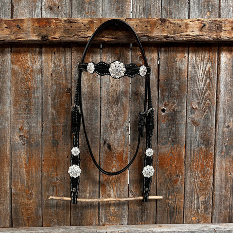 Black Floral Bright Clear Browband / One Ear Tack Set