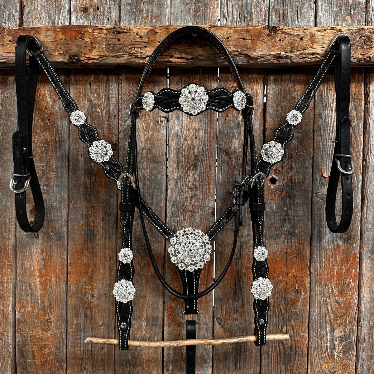 Black Floral Bright Clear Browband / One Ear Tack Set