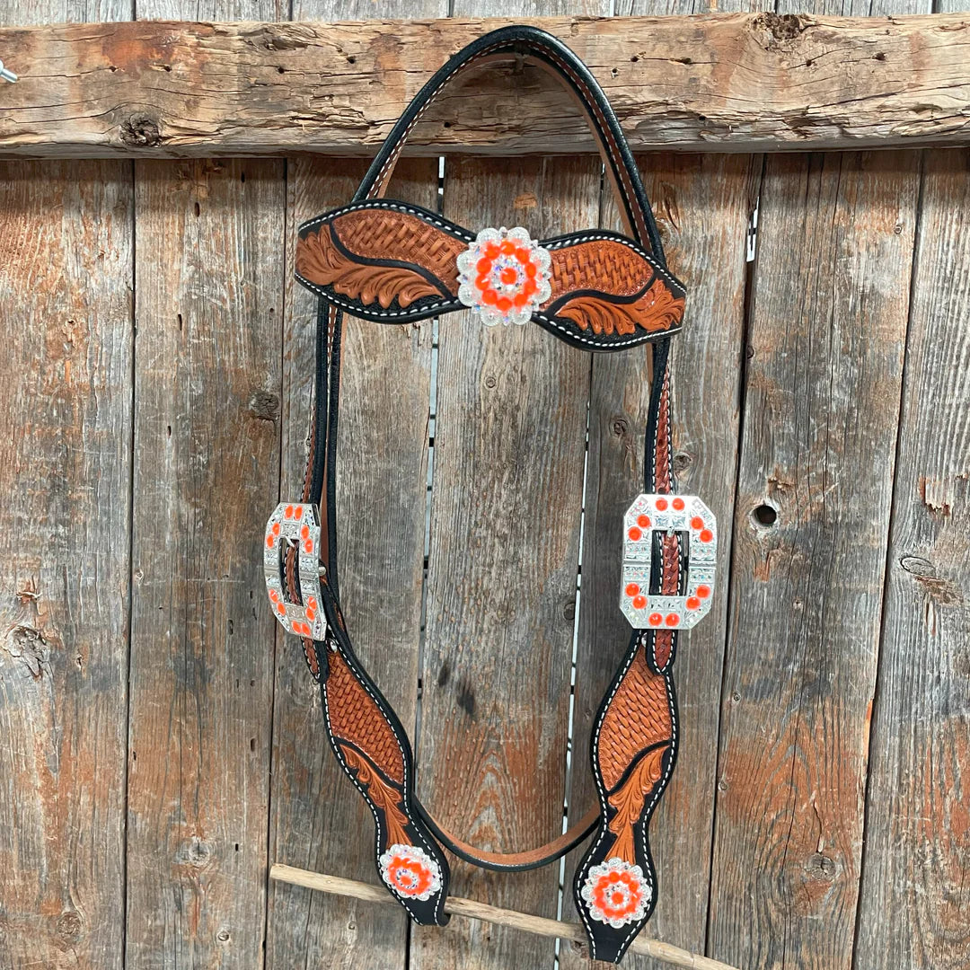 Two Tone Leaf Neon Orange Browband/One Ear Headstall & Breastcollar Tack Set