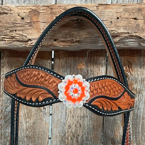 Two Tone Leaf Neon Orange Browband/One Ear Headstall & Breastcollar Tack Set