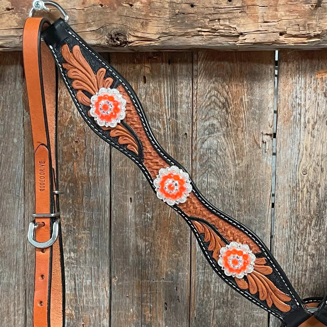 Two Tone Leaf Neon Orange Browband/One Ear Headstall & Breastcollar Tack Set