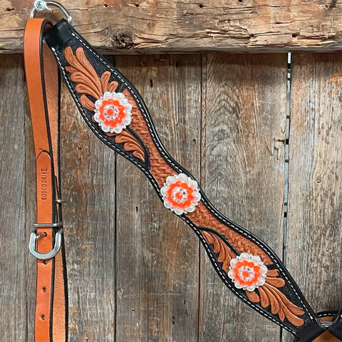 Two Tone Leaf Neon Orange Browband/One Ear Headstall & Breastcollar Tack Set