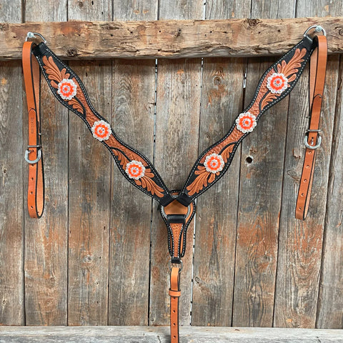 Two Tone Leaf Neon Orange Browband/One Ear Headstall & Breastcollar Tack Set