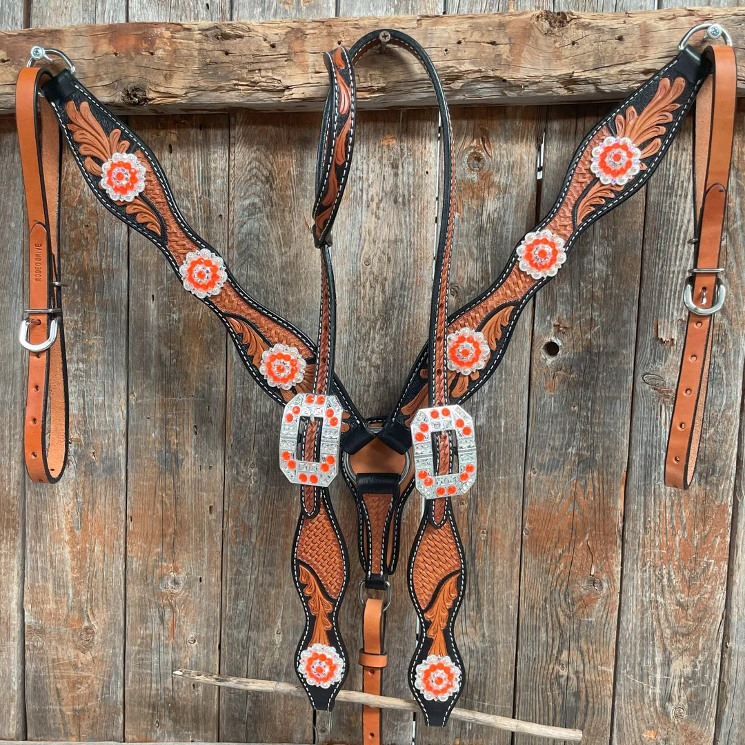 Two Tone Leaf Neon Orange Browband/One Ear Headstall & Breastcollar Tack Set