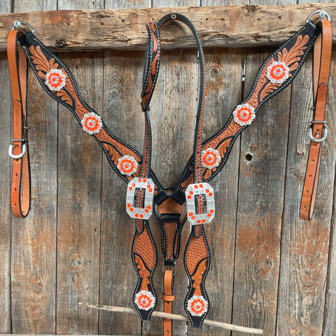 Two Tone Leaf Neon Orange Browband/One Ear Headstall & Breastcollar Tack Set