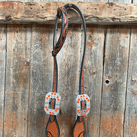 Two Tone Leaf Neon Orange Browband/One Ear Headstall & Breastcollar Tack Set