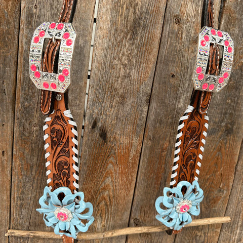 Light Oil Whipstitch Pink & Blue One Ear/ Breastcollar Tack Set