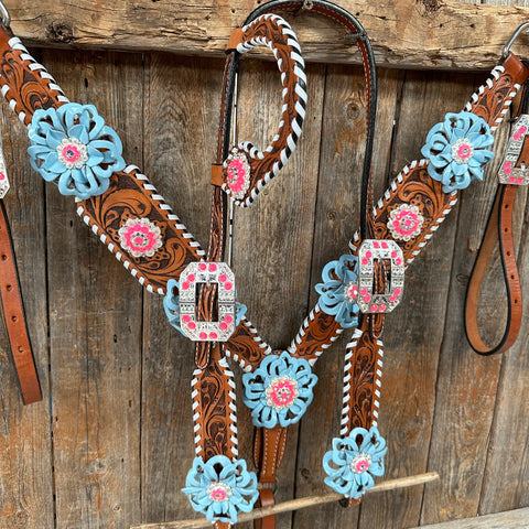 Light Oil Whipstitch Pink & Blue One Ear/ Breastcollar Tack Set