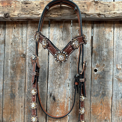 Medium Floral Champagne & Clear Browband / Breastcollar Tack Set