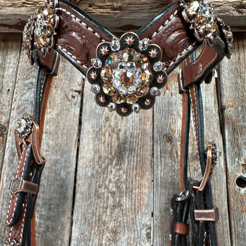 Medium Floral Champagne & Clear Browband / Breastcollar Tack Set