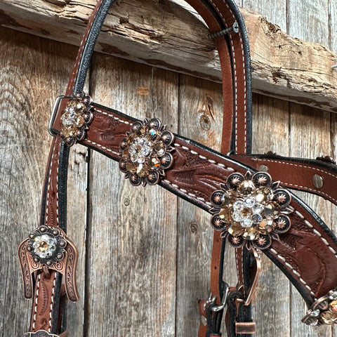 Medium Floral Champagne & Clear Browband / Breastcollar Tack Set