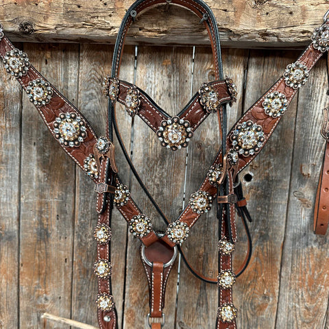 Medium Floral Champagne & Clear Browband / Breastcollar Tack Set