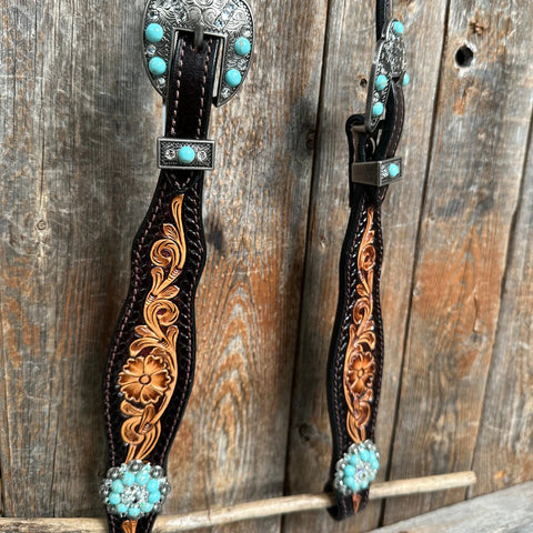 Two Tone Floral Tripping Turquoise & Clear One Ear / Browband Breastcollar Tack Set