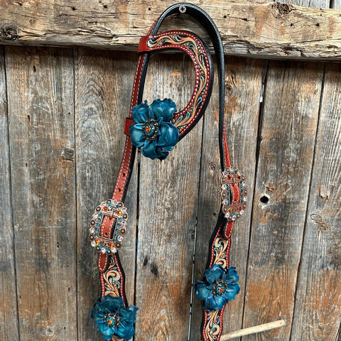 Rust Triangle Turquoise Flower One Ear/ Breastcollar Tack Set