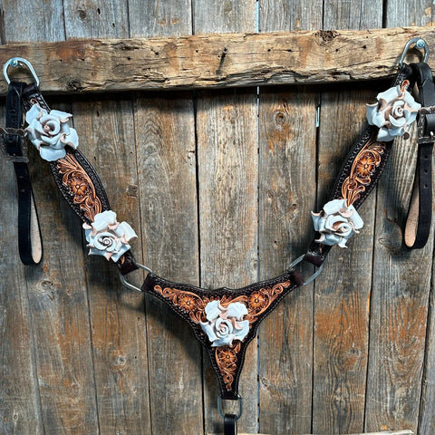 Two Tone Floral Triangle White Rose One Ear / Gladiator Breastcollar Tack Set