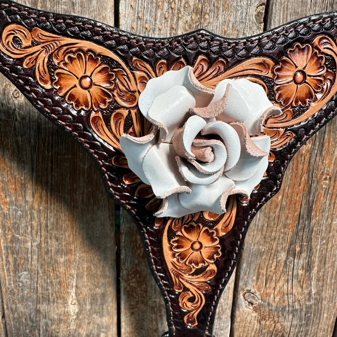 Two Tone Floral Triangle White Rose One Ear / Gladiator Breastcollar Tack Set