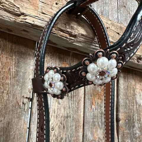 Dark Oil Floral Topaz and Pearl One Ear/ Breastcollar Tack Set