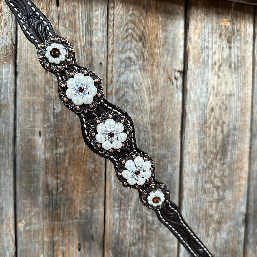 Dark Oil Floral Topaz and Pearl One Ear/ Breastcollar Tack Set