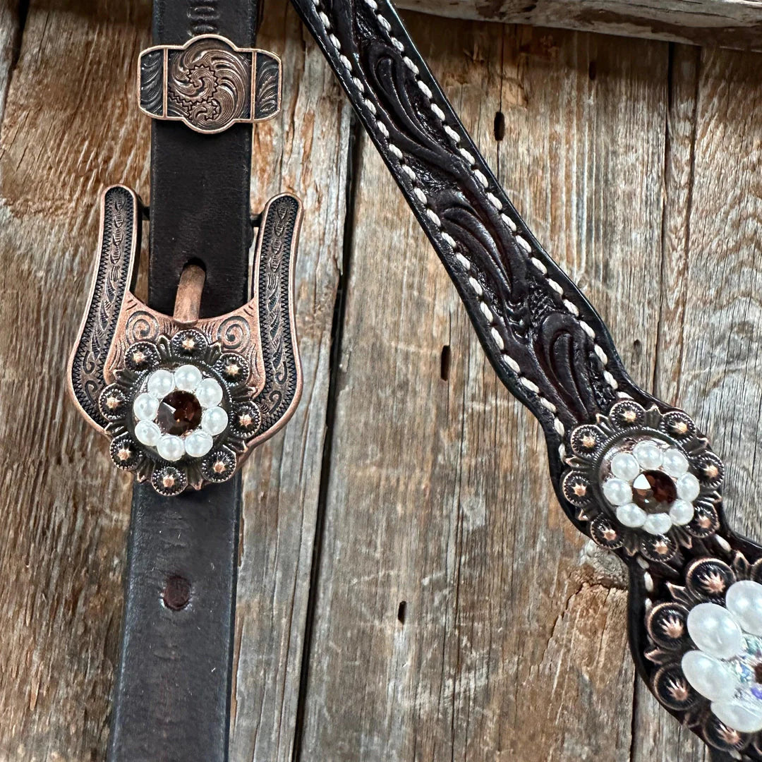 Dark Oil Floral Topaz and Pearl One Ear/ Breastcollar Tack Set