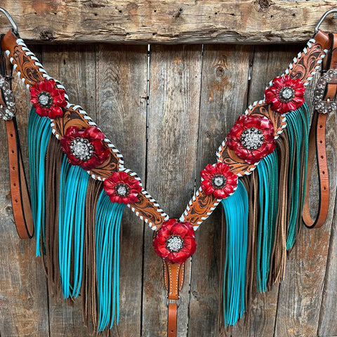 Light Oil Whipstitch Red and Turquoise One Ear/ Breastcollar Tack Set